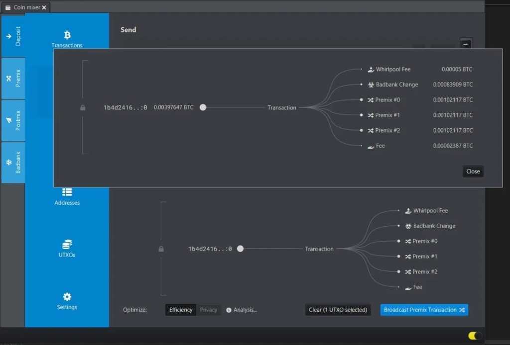 Mixing with Whirlpool - Sparrow Wallet