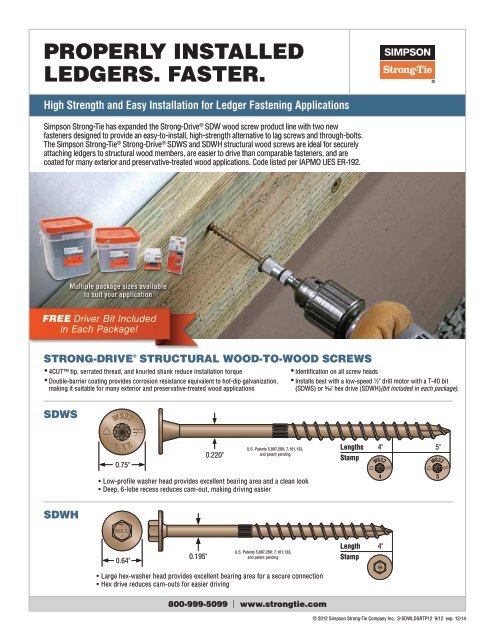 Strong-Drive® SDWS and SDWH Structural Wood Screws