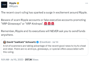 Ripple CTO Warns Against Fake XRP Airdrops Amid Ripple Victory in SEC Lawsuit