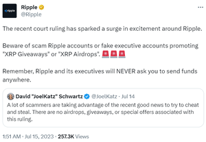 Ripple CTO Warns Against Fake XRP Airdrops Amid Ripple Victory in SEC Lawsuit