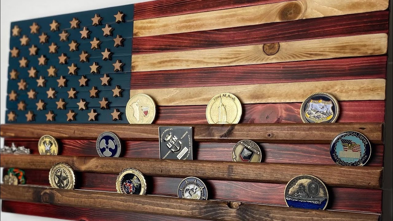 Flag With Challenge Coin Display Racks and Inlay – Gunner Woodworks