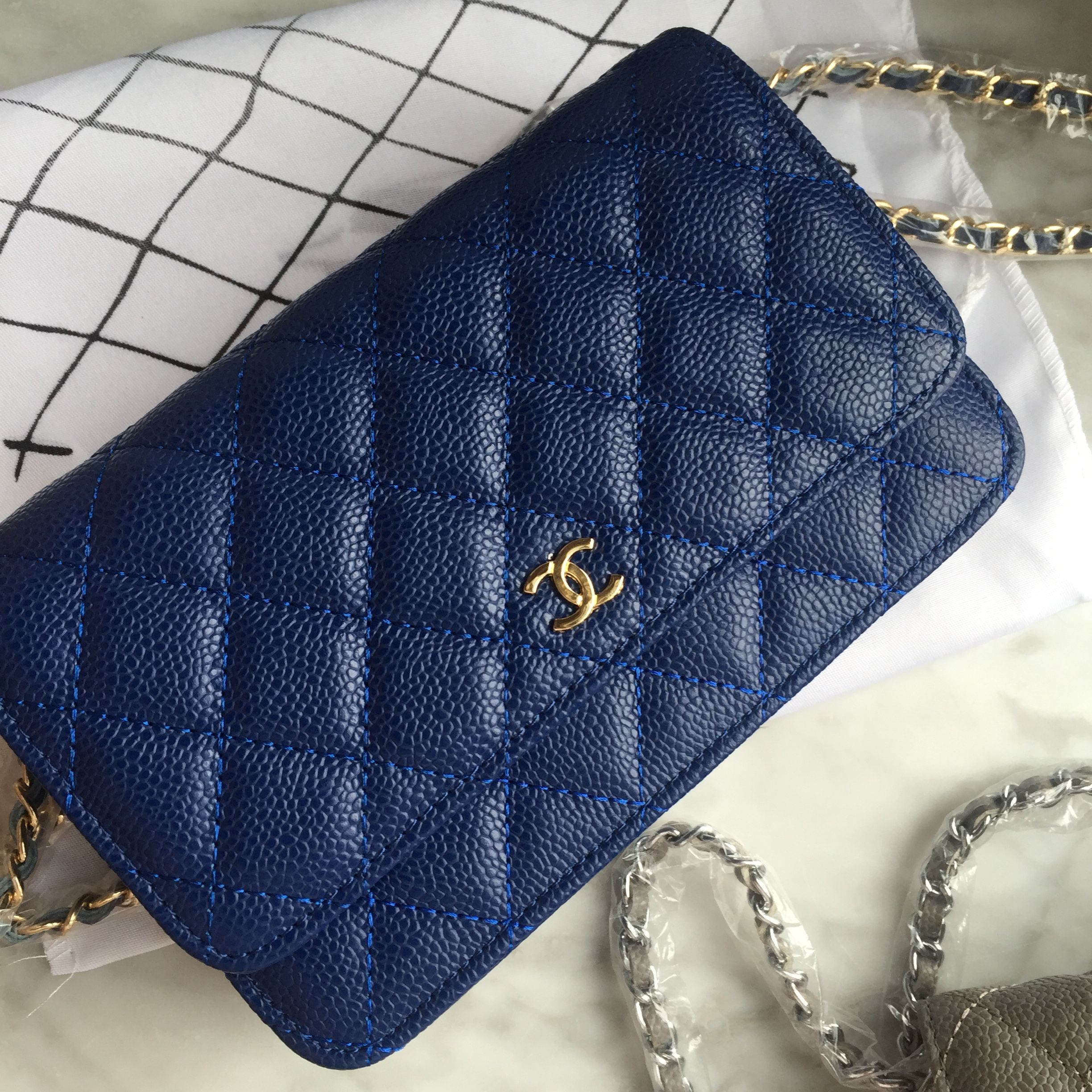 Chanel Dark Blue Quilted Patent Classic Wallet On Chain (WOC) | World's Best