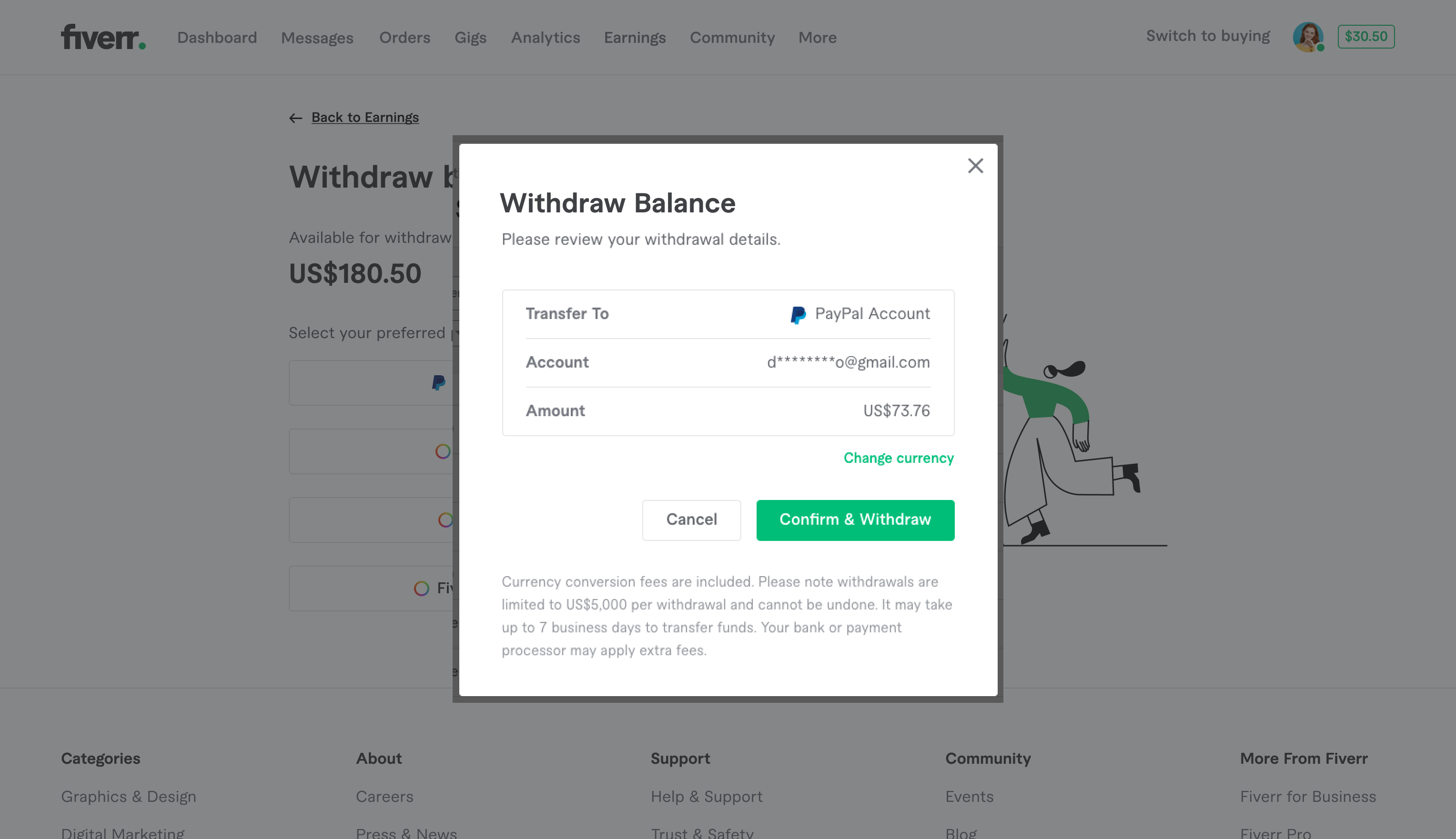 Can't withdraw money from Fiverr. It says 