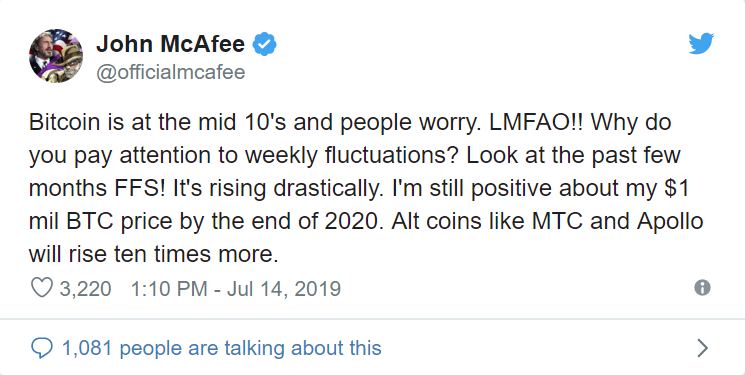 McAfee Updates His $1 Million BTC Price Prediction