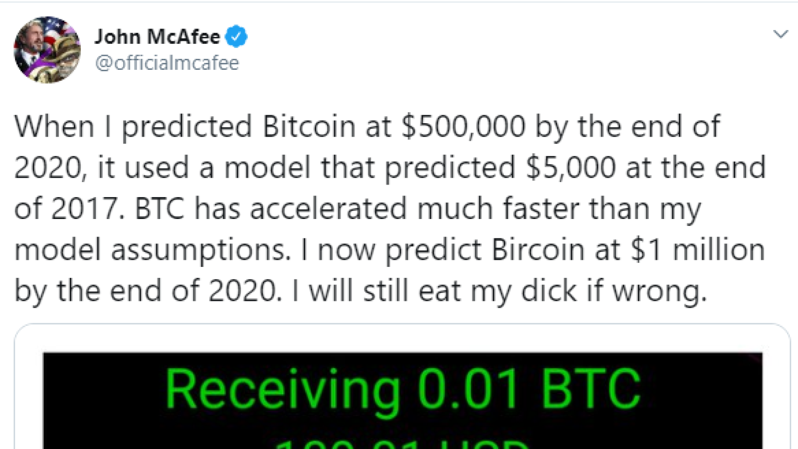 Bitcoin Price Will Hit $1 Million and John Mcafee Won’t be Eating his D**k