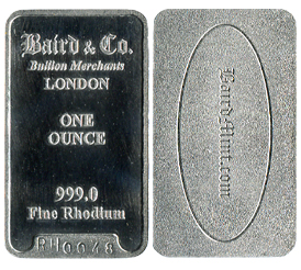 1 oz Rhodium Bar - Baird & Co. - Bullion Mart