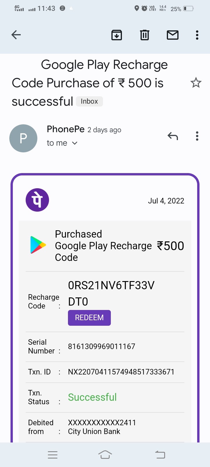 Purchased Google Play Recharge code by mistake on PhonePe. - Google Play Community