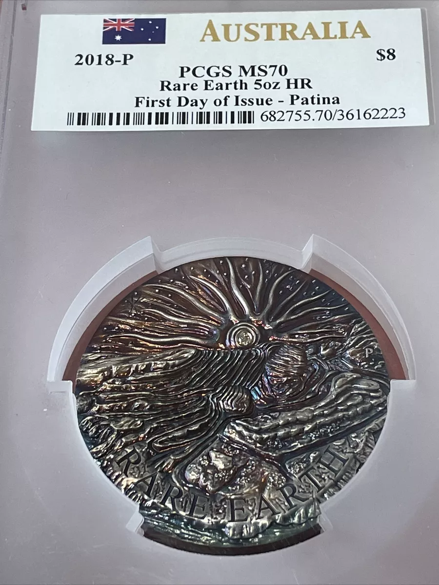 $8 Rare Earth 5oz Silver High Relief Patina Coin | The Coin Chest